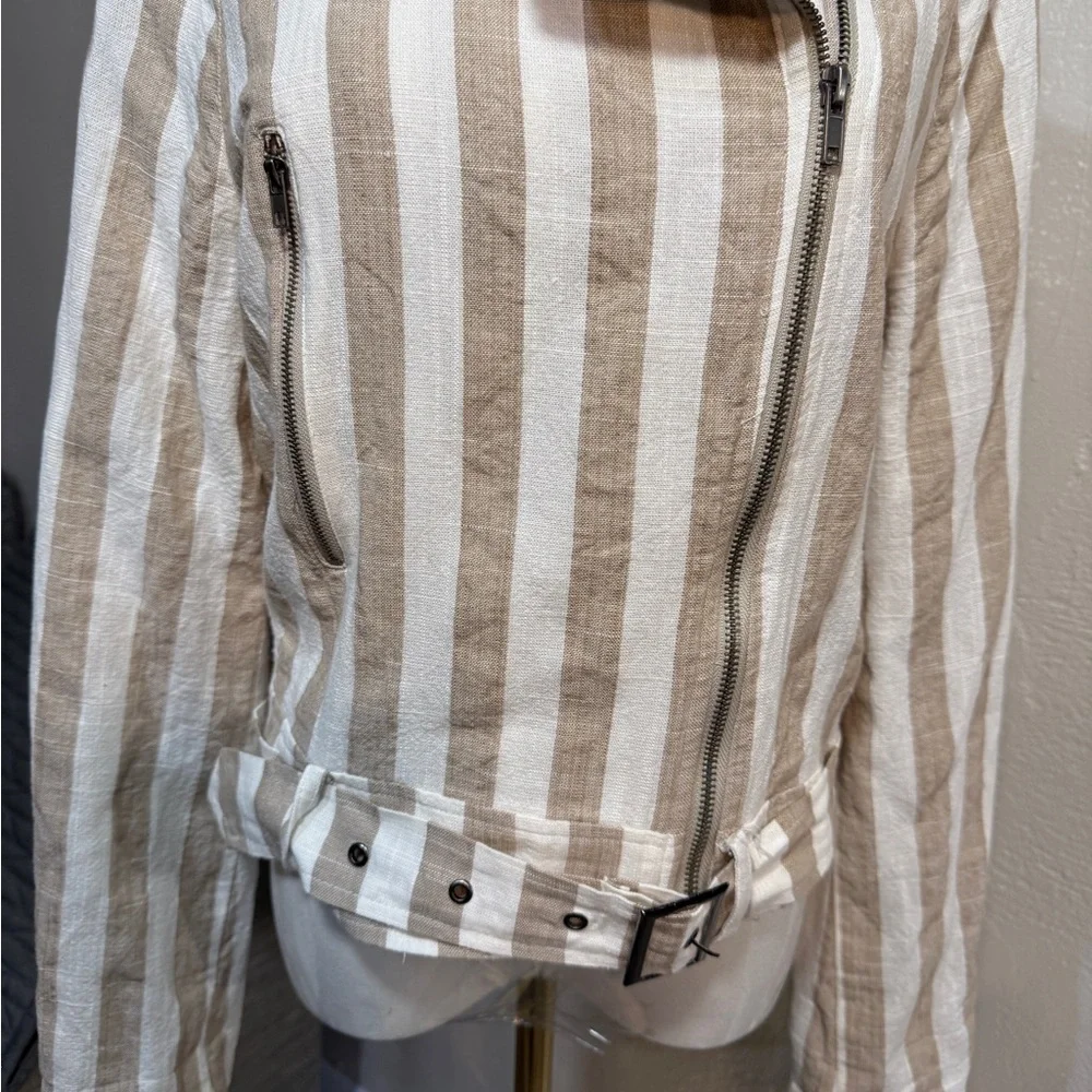 Lulus Striped Moto Jacket Cream Tan Asymmetrical Zip Lightweight Size L - Picture 5 of 12